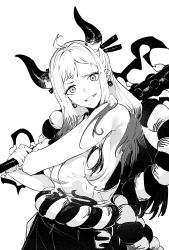 Rule 34 | 1girl, absurdres, bare shoulders, breasts, curled horns, ddari, earrings, greyscale, hair ornament, hair stick, highres, horns, japanese clothes, jewelry, kimono, long hair, looking at viewer, monochrome, multicolored horns, one piece, oni, rope, shimenawa, sleeveless, smile, solo, weapon, white hair, yamato (one piece)