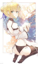 Rule 34 | 1girl, absurdres, alternate costume, apron, artoria pendragon (all), artoria pendragon (fate), ass, black choker, black panties, blonde hair, blush, border, bowl, breasts, choker, chopsticks, detached sleeves, dutch angle, fate/grand order, fate (series), frilled choker, frills, from behind, green eyes, highres, holding, holding bowl, holding chopsticks, kneeling, leyu, looking at viewer, looking back, no bra, outside border, panties, rice, rice bowl, saber (fate), see-through, small breasts, solo, underwear, white border