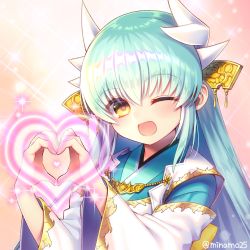 Rule 34 | 1girl, blush, dragon girl, dragon horns, fate/grand order, fate (series), green hair, heart, heart-shaped pupils, heart hands, horns, japanese clothes, kimono, kiyohime (fate), looking at viewer, minamo25, one eye closed, open mouth, smile, solo, symbol-shaped pupils, wide sleeves, yellow eyes