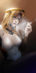 Rule 34 | 1girl, adapted costume, alternate hairstyle, armor, backlighting, blonde hair, blue eyes, bodysuit, breasts, brown background, brown pantyhose, cigarette, cleavage, cleavage cutout, clothing cutout, cowboy shot, faulds, gloves, gradient background, hair down, halo, large breasts, lips, long hair, looking at viewer, mechanical halo, mercy (overwatch), messy hair, no wings, nose, open mouth, overwatch, overwatch 1, pantyhose, postal cobe, purple background, sitting, smoking, solo, swiss flag, white gloves
