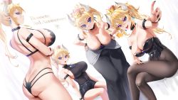 Rule 34 | 1girl, 4girls, absurdres, adapted costume, alternate costume, arms at sides, ass, black dress, blonde hair, blouse, blue eyes, bowsette, bra, breasts, breath weapon, breathing fire, butt crack, character name, choker, cleavage, collar, dress, fingernails, fire, hair between eyes, halterneck, hands on own hips, highres, horns, leotard, looking at viewer, multiple girls, multiple persona, nintendo, paid reward available, pantyhose, pointy ears, ponytail, sharp fingernails, sharp teeth, shirt, simple background, skindentation, sleeveless, sleeveless shirt, spiked collar, spikes, super crown, tail, teddyellow, teeth, thighhighs, underwear, underwear only, white background
