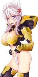 Rule 34 | 1girl, anger vein, animification, armor, ass, blue eyes, breasts, cleavage, cowboy shot, frontal wedgie, highres, hmage, large breasts, legion (titanfall 2), mecha, mecha musume, mechanical arms, navel, panties, panty pull, personification, robot, simple background, single mechanical arm, stomach, thighhighs, thighs, titan (titanfall), titanfall, titanfall (series), titanfall 2, transparent background, underwear, wedgie, white hair