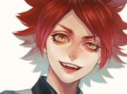 Rule 34 | 1boy, :d, collared shirt, commentary request, copyright request, fangs, looking at viewer, male focus, murasaki (fioletovyy), open mouth, portrait, red hair, red lips, shirt, smile, solo, spiked hair, symbol-shaped pupils, white background, yellow eyes