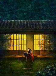 Rule 34 | 2girls, architecture, bamboo, bamboo forest, black hair, dress, east asian architecture, closed eyes, fireflies, forest, grass, hands on lap, hat, highres, houraisan kaguya, leaning on person, leg up, long hair, multiple girls, nature, night, nurse cap, plant, qunqing, rock, scenery, silver hair, smile, touhou, veranda, very long hair, yagokoro eirin