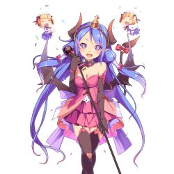 Rule 34 | 3girls, blue hair, blvefo9, breasts, charmy (uchi no hime-sama), cleavage, confetti, crown, demon girl, demon horns, demon tail, demon wings, dress, elbow gloves, fang, garter straps, gloves, hairband, heart, heart-shaped pupils, holding, horns, long hair, looking at viewer, medium breasts, microphone, mini crown, mini person, minigirl, multiple girls, official art, open mouth, pointy ears, purple eyes, round teeth, symbol-shaped pupils, tail, tail ornament, tail ring, teeth, thighhighs, transparent background, uchi no hime-sama ga ichiban kawaii, very long hair, wings
