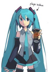 Rule 34 | 1girl, black thighhighs, blue eyes, can, collared shirt, detached sleeves, earpiece, english text, grey shirt, hair between eyes, hatsune miku, highres, holding, holding can, long hair, modercated, open hand, pleated skirt, roblox, shirt, skirt, sleeveless, sleeveless shirt, smile, solo, thighhighs, twintails, v-shaped eyebrows, very long hair, vocaloid, white background