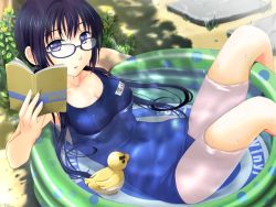 Rule 34 | 1girl, black hair, book, breasts, cleavage, game cg, ginta, glasses, legs, long hair, lying, miyama ai, miyami ai, non-web source, on back, one-piece swimsuit, open mouth, outdoors, purple eyes, rubber duck, school swimsuit, solo, submerged, sugar+spice!, sugar + spice, swimsuit, twintails, wading pool, water, wet
