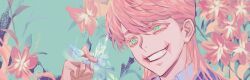 Rule 34 | 1boy, bug, butterfly, floral background, green eyes, grin, hand up, holding, insect, male focus, pago0024, pink hair, sanzu haruchiyo, scar, scar on face, smile, tokyo revengers, wolf cut