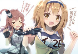 Rule 34 | 2girls, aircraft, airplane, breast pocket, breasts, brown eyes, brown hair, clothes writing, dress, f6f hellcat, hair between eyes, hairband, holding, i-26 (kancolle), kantai collection, large breasts, light brown hair, long hair, multiple girls, name tag, neckerchief, one-piece swimsuit, ootori (kyoya-ohtori), pocket, ponytail, sailor collar, saratoga (kancolle), school swimsuit, short sleeves, side ponytail, sidelocks, simple background, smokestack, smokestack hair ornament, swimsuit, swimsuit under clothes, translation request, two-tone hairband, two side up, white background, white dress