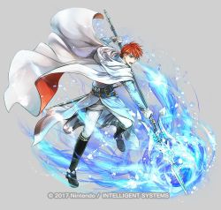 Rule 34 | 1boy, aura, belt, blue eyes, boots, cape, circlet, copyright name, eliwood (fire emblem), fire emblem, fire emblem: the blazing blade, fire emblem heroes, full body, gloves, grey background, male focus, nintendo, official art, open mouth, polearm, red hair, solo, spear, sword, teeth, wada sachiko, weapon