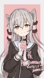 Rule 34 | 1girl, amatsukaze (kancolle), anniversary, black dress, commentary request, dated, dress, gloves, grey hair, grey neckerchief, hair tubes, highres, kantai collection, kazakura (kazakura js), long hair, long sleeves, looking at viewer, neckerchief, orange eyes, sailor collar, sailor dress, signature, simple background, solo, two side up, upper body, very long hair, white gloves