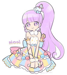 Rule 34 | 1girl, bare shoulders, blue bow, blunt bangs, bow, closed mouth, cropped legs, detached collar, dress, frilled dress, frills, holding, holding microphone, idol clothes, long hair, looking at viewer, manaka non, microphone, pretty series, pripara, purple eyes, purple hair, rainbow skirt, side ponytail, sidelocks, simple background, smile, solo, standing, terayamaden, very long hair, white background