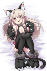 Rule 34 | 1girl, :d, animal ears, animal hands, armpit crease, bare shoulders, bed sheet, black gloves, black hairband, black leotard, blush, breasts, cat ears, cat tail, center opening, cleavage, dangerous beast (illya), fake animal ears, fake tail, fang, fate/kaleid liner prisma illya, fate (series), flat chest, from above, full body, fur-trimmed gloves, fur collar, fur trim, gloves, hair between eyes, hairband, illyasviel von einzbern, knees up, leg ribbon, leotard, long hair, looking at viewer, lying, noa (nagareboshi), nose blush, official alternate costume, on back, open mouth, paw gloves, paw shoes, red eyes, red ribbon, ribbon, shoes, smile, solo, tail, tail ornament, tail ribbon, tareme, thigh ribbon, v-shaped eyebrows