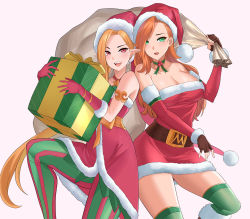 Rule 34 | 2girls, alternate costume, ambitious elf jinx, aori sora, arm warmers, armband, bag, belt, blonde hair, box, breasts, brown gloves, buckle, candy cane miss fortune, choker, christmas, cleavage, commentary, dress, english commentary, feet out of frame, fingerless gloves, fur-trimmed dress, fur-trimmed gloves, fur trim, gift, gift box, gloves, green choker, green eyes, green legwear, hair over one eye, hat, holding, holding bag, holding gift, jinx (league of legends), large breasts, league of legends, looking at viewer, miss fortune (league of legends), multiple girls, open mouth, over-kneehighs, pantyhose, parted bangs, pink background, pointy ears, red eyes, red hair, santa costume, santa gloves, santa hat, simple background, standing, strapless, strapless dress, striped clothes, striped legwear, striped pantyhose, teeth, thighhighs, upper teeth only, vertical-striped clothes, vertical-striped pantyhose