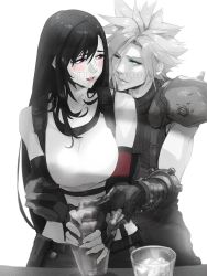 Rule 34 | 1boy, 1girl, armor, bare shoulders, black hair, black skirt, blue eyes, blush, breasts, cloud strife, cocktail shaker, couple, crop top, cup, detached sleeves, earrings, final fantasy, final fantasy vii, final fantasy vii remake, fingerless gloves, gloves, highres, holding, jewelry, large breasts, long hair, looking at another, one eye closed, red eyes, red lips, shoulder armor, simple background, skirt, sleeveless, sleeveless turtleneck, spiked hair, spykeee, square enix, suspender skirt, suspenders, sweater, tank top, tifa lockhart, turtleneck, turtleneck sweater, twitter username, watermark, white background, white tank top