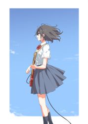 Rule 34 | 1girl, black socks, blue sky, bow, bowtie, cable, cowboy shot, day, electric guitar, from side, guitar, highres, instrument, kneehighs, looking afar, matsuda hikari, music, original, outdoors, outside border, playing instrument, pleated skirt, red bow, red bowtie, school uniform, skirt, sky, socks, solo, standing, uniform, wind, wind lift