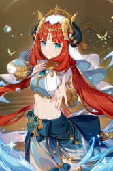 Rule 34 | 1girl, absurdres, breasts, brooch, closed mouth, cowboy shot, crop top, crystalfly (genshin impact), floating hair, genshin impact, gold trim, harem outfit, highres, jewelry, long hair, long sleeves, looking at viewer, medium breasts, nail polish, navel, neck ring, nilou (genshin impact), outstretched hand, pelvic curtain, puffy long sleeves, puffy sleeves, red hair, sidelocks, skirt, smile, solo, stomach, twintails, vambraces, water, wawako mama