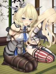 Rule 34 | 2girls, absurdres, armor, armored dress, arms behind back, bdsm, blindfold, blonde hair, blue eyes, blue necktie, blush, bondage, bound, bound arms, bound legs, braid, breasts, colorado (kancolle), elbow gloves, french braid, gag, gagged, garter straps, gloves, hat, headgear, highres, indoors, iowa (kancolle), kantai collection, kneeling, large breasts, long hair, looking at viewer, medium hair, midriff, military, military hat, military uniform, multicolored clothes, multicolored legwear, multiple girls, navel, necktie, nkgw, open mouth, pantyhose, rope, saliva, saliva trail, shibari, sideboob, thighhighs, uniform