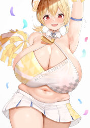 Rule 34 | 1girl, ?, absurdres, ahoge, arm up, armband, armpits, belly, blonde hair, blue archive, blue armband, blush, braid, breasts, cheerleader, chomikuplus, cleavage, commentary request, confetti, covered erect nipples, cowboy shot, gigantic breasts, hair between eyes, halo, head tilt, highres, holding, holding pom poms, kotori (blue archive), kotori (cheer squad) (blue archive), long hair, looking at viewer, millennium cheerleader outfit (blue archive), miniskirt, muffin top, navel, open mouth, pleated skirt, plump, pom pom (cheerleading), pom poms, red eyes, short twintails, skirt, solo, tareme, thick thighs, thighs, twintails, variant set, white background, white skirt, wing collar, yellow halo