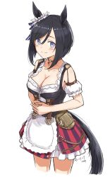 Rule 34 | 1girl, animal ears, apron, artist name, black hair, blue eyes, blush, bodice, breasts, choker, cleavage, closed mouth, collarbone, cropped legs, dated, detached sleeves, eishin flash (umamusume), highres, horse ears, horse girl, horse tail, kawashina (momen silicon), looking at viewer, medium breasts, own hands together, shirt, short hair, simple background, skirt, smile, solo, split mouth, tail, umamusume, waist apron, white background, white shirt