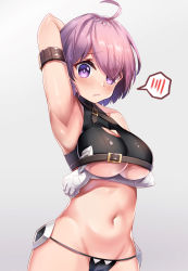 Rule 34 | 1girl, ahoge, arm behind head, armpits, bad id, bad pixiv id, bandaged arm, bandages, bare shoulders, black panties, blush, breasts, cleavage cutout, closed mouth, clothing cutout, commentary request, cosplay, eyes visible through hair, fate/apocrypha, fate/grand order, fate (series), grey background, hair over one eye, highres, jack the ripper (fate/apocrypha), jack the ripper (fate/apocrypha) (cosplay), looking at viewer, mash kyrielight, medium breasts, meion, navel, panties, pout, purple eyes, purple hair, short hair, simple background, solo, speech bubble, spoken blush, underboob, underwear