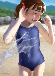 Rule 34 | 1girl, :d, ^ ^, artist logo, artist name, beach, blue one-piece swimsuit, blue sky, blurry, blurry background, brown hair, bush, closed eyes, collarbone, commentary request, competition school swimsuit, covered navel, cowboy shot, day, depth of field, emblem, flat chest, hair tie, hands up, happy, highres, horizon, laughing, motion blur, mountainous horizon, mu-pyon, one-piece swimsuit, open mouth, original, outdoors, rock, sand, school swimsuit, short hair, short twintails, signature, skin tight, sky, smile, solo, splashing, standing, straight hair, swimsuit, taut clothes, taut swimsuit, teeth, tree, twintails, twitter username, water