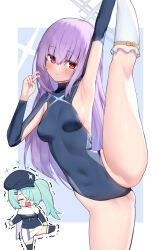 Rule 34 | 2girls, aqua hair, arm up, armpit cutout, armpits, atsuko (blue archive), black headwear, black leotard, blue archive, blush, breasts, cabbie hat, chibi, closed mouth, clothing cutout, commentary request, covered navel, crying, hair ornament, hair over one eye, hairclip, hand up, hat, heattech leotard, hiyori (blue archive), kneepits, leg up, leotard, long hair, long sleeves, looking at viewer, multiple girls, one eye covered, open mouth, purple hair, red eyes, side ponytail, small breasts, smile, socks, split, standing, standing on one leg, standing split, tears, thighs, turtleneck, ushimittsu, white socks