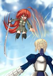Rule 34 | 00s, 2girls, ahoge, armor, artoria pendragon (fate), battle, crossover, fate/stay night, fate (series), multiple girls, red hair, saber (fate), shakugan no shana, shana, sword, thighhighs, trait connection, weapon
