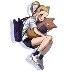 Rule 34 | 1girl, bag, black shorts, blonde hair, blue eyes, blush, dragon quest, dragon quest builders 2, female builder (dqb2), full body, hair ornament, hairclip, highres, long hair, looking at viewer, open mouth, school bag, shoes, shorts, shousan (hno3syo), simple background, smile, sneakers, solo, twintails, white background