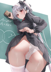 Rule 34 | 1girl, absurdres, ass, azur lane, black sailor collar, black serafuku, black shirt, black skirt, blush, board eraser, breasts, chalkboard, classic (zildjian33), closed mouth, clothes lift, commentary request, cropped shirt, formidable (azur lane), formidable (the lover&#039;s heart flutters on duty) (azur lane), from behind, from below, grey hair, hair ornament, highres, holding, large breasts, long hair, long sleeves, looking at viewer, official alternate costume, paid reward available, panties, partially visible vulva, red eyes, sailor collar, school uniform, serafuku, shirt, simple background, skirt, skirt lift, solo, thighhighs, thighs, twintails, underboob, underwear, uniform, very long hair, white background, white panties, white thighhighs