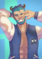 Rule 34 | 1boy, abs, absurdres, aqua hair, bara, curled horns, gradient hair, grin, hands up, highres, horns, humanization, jacket, james p. sullivan, large pectorals, linrz aran, looking at viewer, male focus, monsters university, multicolored hair, nipples, open clothes, open jacket, open shirt, pectoral cleavage, pectorals, purple hair, short hair, smile, solo, toned, toned male, two-tone background, upper body, v, v over eye