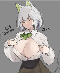 Rule 34 | 1girl, animal ears, arknights, bow, bowtie, breasts, breasts out, brown skirt, cat ears, cleavage, clothes pull, collared shirt, green eyes, grey background, highres, kal&#039;tsit (arknights), large breasts, nuggetkouhai, one eye closed, open mouth, shirt, shirt pull, short hair, skirt, solo, unbuttoned, unbuttoned shirt, white shirt