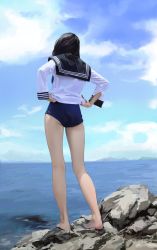 Rule 34 | 1girl, ass, bare legs, barefoot, black hair, blue one-piece swimsuit, blue sky, cloud, cloudy sky, day, from behind, full body, highres, leviathan (hikinito0902), long hair, long legs, long sleeves, ocean, one-piece swimsuit, original, outdoors, photo-referenced, sailor collar, sailor shirt, school uniform, serafuku, shirt, sky, solo, standing, swimsuit, thighs, white shirt