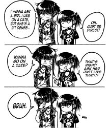 Rule 34 | 2girls, 3koma, bare shoulders, blush, bracelet, choker, closed eyes, clothes writing, clueless, comic, commentary, earrings, emo-girl (grs-), emo fashion, english commentary, english text, facepalm, greyscale, grs-, highres, jacket, jewelry, medium hair, monochrome, multicolored hair, multiple girls, no mouth, open clothes, open jacket, original, print shirt, punk-girl (grs-), shirt, short ponytail, short sleeves, side ponytail, simple background, smile, speech bubble, spiked bracelet, spikes, t-shirt, white background, yuri