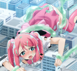 Rule 34 | 1girl, anime screenshot, blush, boots, breasts, dress, drill hair, green eyes, hair ribbon, hanabishi haruka, highres, magia magenta, magical girl, mahou shoujo ni akogarete, medium breasts, open mouth, pink dress, pink ribbon, pink thighhighs, restrained, ribbon, screencap, slime (substance), stitched, thigh boots, thighhighs, third-party edit, torn clothes, torn thighhighs, twin drills, twintails, white dress