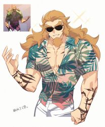 1boy absurdres aooao_(samportgas) arm_tattoo bara beard character_request cropped_legs facial_hair goatee hawaiian_shirt highres huge_eyebrows large_pectorals long_beard long_hair male_focus mature_male muscular muscular_male pectoral_cleavage pectorals reference_inset shirt solo solo_leveling sparkle standing sunglasses tattoo very_long_hair