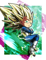 1boy absurdres armor blue_bodysuit bodysuit boots chibi crossed_arms dragon_ball dragon_ball_daima full_body gloves green_eyes halftone highres long_hair male_focus no_eyebrows saiyan_armor solo spiked_hair super_saiyan super_saiyan_3 ushi_(akabec0) vegeta white_armor white_footwear white_gloves