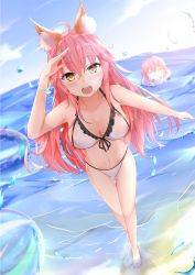 Rule 34 | 10s, 2girls, animal ears, beach, bikini, blue bikini, breasts, cleavage, collarbone, day, fate/extra, fate/grand order, fate (series), fox ears, fox tail, highres, innertube, large breasts, long hair, looking at viewer, multiple girls, ocean, open mouth, outdoors, pink hair, summer, swim ring, swimsuit, tail, tamamo (fate), tamamo cat (fate), tamamo no mae (fate/extra), yellow eyes, yoruciel