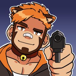Rule 34 | 1boy, aiming, aiming at viewer, animal ears, artist request, bara, beard, bright pupils, brown eyes, brown hair, chibi, ears down, emoji, facial hair, gun, head tilt, holding, holding gun, holding weapon, hood, hood down, indie virtual youtuber, looking at viewer, male focus, mature male, multicolored hair, muscular, muscular male, nipples, orange hair, pectoral cleavage, pectorals, pointing, pointing at viewer, raised eyebrow, second-party source, short hair, solo, thick eyebrows, toz1069 (vtuber), two-tone hair, upper body, virtual youtuber, weapon