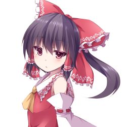 Rule 34 | 1girl, ascot, black hair, bow, colored eyelashes, detached sleeves, hair bow, hair tubes, hakurei reimu, kou89, parted lips, ponytail, red eyes, simple background, solo, touhou, white background