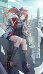Rule 34 | 1girl, ;), angelina (arknights), animal ears, arknights, blue choker, blue sky, brown eyes, brown hair, building, choker, cloud, commentary request, day, fox ears, grey socks, hairband, jacket, kneehighs, long hair, long sleeves, looking at viewer, one eye closed, open clothes, open jacket, outdoors, penguin logistics logo, red hairband, shirt, shoes, sitting, sky, smile, sneakers, socks, solo, thighs, twintails, xjx