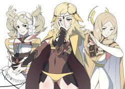 Rule 34 | 3girls, absurdres, aunt and niece, blonde hair, bodystocking, breasts, cape, commission, commissioner upload, dab (dance), eighteenetzel, emmeryn (fire emblem), fire emblem, fire emblem awakening, fire emblem fates, grandmother and granddaughter, hair ornament, headdress, highres, lissa (fire emblem), long hair, medium breasts, multiple girls, nintendo, ophelia (fire emblem), siblings, sisters, transparent background