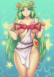Rule 34 | 1girl, artist name, belt, bow, breasts, collarbone, feet out of frame, female focus, forehead jewel, gradient background, green eyes, green hair, groin, holding, holding ribbon, kid icarus, knees together feet apart, large breasts, laurel crown, long hair, looking at viewer, multiple belts, nintendo, no panties, palutena, parted bangs, patreon username, red ribbon, redjet, ribbon, side slit, skindentation, solo, standing, star (symbol), tiara, very long hair, watermark