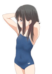 Rule 34 | 1girl, arena (company), arms behind head, black hair, blue one-piece swimsuit, brown eyes, competition school swimsuit, covered navel, cowboy shot, flat chest, long hair, looking to the side, one-piece swimsuit, original, retsumaru, school swimsuit, simple background, solo, standing, swimsuit, white background