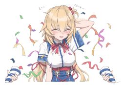 Rule 34 | absurdres, akai haato, blush, bow, bowtie, breasts, closed eyes, confetti, dress, embarrassed, fingernails, hair ornament, heart, heart hair ornament, highres, hololive, large breasts, long hair, party popper, red bow, red bowtie, scratching head, signature, virtual youtuber, white background, yo na