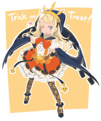 Rule 34 | 10s, 1girl, ;), asymmetrical legwear, black thighhighs, blonde hair, blush stickers, bow, cagliostro (granblue fantasy), cagliostro (halloween) (granblue fantasy), granblue fantasy, hairband, halloween, heart, hood, jack-o&#039;-lantern, long hair, one eye closed, orange bow, orange skirt, outline, pantyhose, pumpkin, purple eyes, simple background, skirt, smile, solo, squemezzo, standing, star (symbol), striped clothes, striped pantyhose, striped thighhighs, thighhighs, tongue, tongue out, trick or treat, uneven legwear, white background