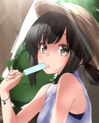 Rule 34 | 10s, 1girl, alternate costume, anchor, bad id, bad twitter id, bare shoulders, black eyes, black hair, blush, casual, food, fubuki (kancolle), hat, ice cream, kantai collection, looking to the side, low ponytail, midoriiro no shinzou, ponytail, popsicle, short ponytail, sleeveless, solo, tongue, tongue out, upper body