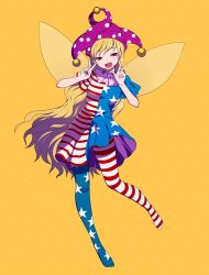 Rule 34 | 1girl, :d, american flag dress, american flag legwear, arm up, arms up, banned artist, blonde hair, blush, clownpiece, commentary request, double v, dress, eyelashes, fairy wings, full body, harano, hat, jester cap, long hair, looking at viewer, moon, neck ruff, open mouth, pantyhose, pink hat, polka dot, purple eyes, short dress, short sleeves, simple background, smile, solo, standing, standing on one leg, star-shaped pupils, star (symbol), star print, striped, symbol-shaped pupils, tongue, touhou, v, very long hair, wings, yellow background