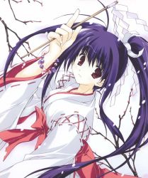 Rule 34 | 1girl, bracelet, cross-laced clothes, gohei, hakama, hakama skirt, holding, japanese clothes, jewelry, long hair, long sleeves, looking at viewer, magatama, miko, mitsumi misato, oonusa, purple hair, red eyes, red hakama, ribbon-trimmed sleeves, ribbon trim, sidelocks, skirt, snow, snowing, solo, twintails