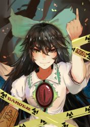 Rule 34 | &gt;:), 1girl, arm at side, arm cannon, arm up, black hair, bow, cape, caution tape, collarbone, collared shirt, evil smile, eyebrows, hair between eyes, hair bow, heterochromia, highres, long hair, looking at viewer, pointing finger, puffy short sleeves, puffy sleeves, radiation symbol, red eyes, reiuji utsuho, shirt, short sleeves, sinnbunn, slit pupils, smile, solo, sparks, symbol-shaped pupils, thick eyebrows, third eye, touhou, upper body, v-shaped eyebrows, weapon, wing collar, yellow eyes